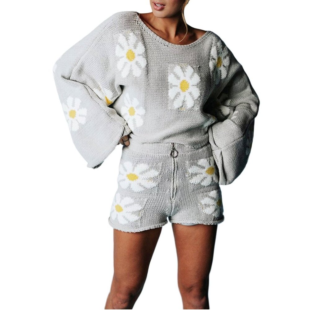 Storia Floral Knitted Shorts Women Large Gray High Rise Lined Boho Daisy floral - Picture 2 of 16